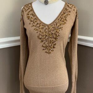 CACHE Vintage Rayon blend VNeck cold shoulder embellished, gold tone sweater NWT